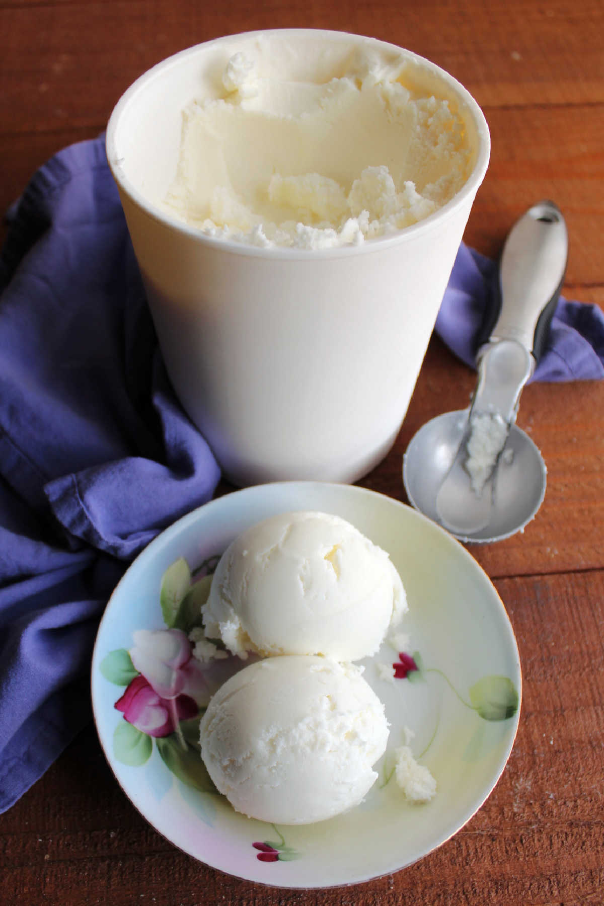 Two scoops of vanilla frozen yogurt, ready to be enjoyed.