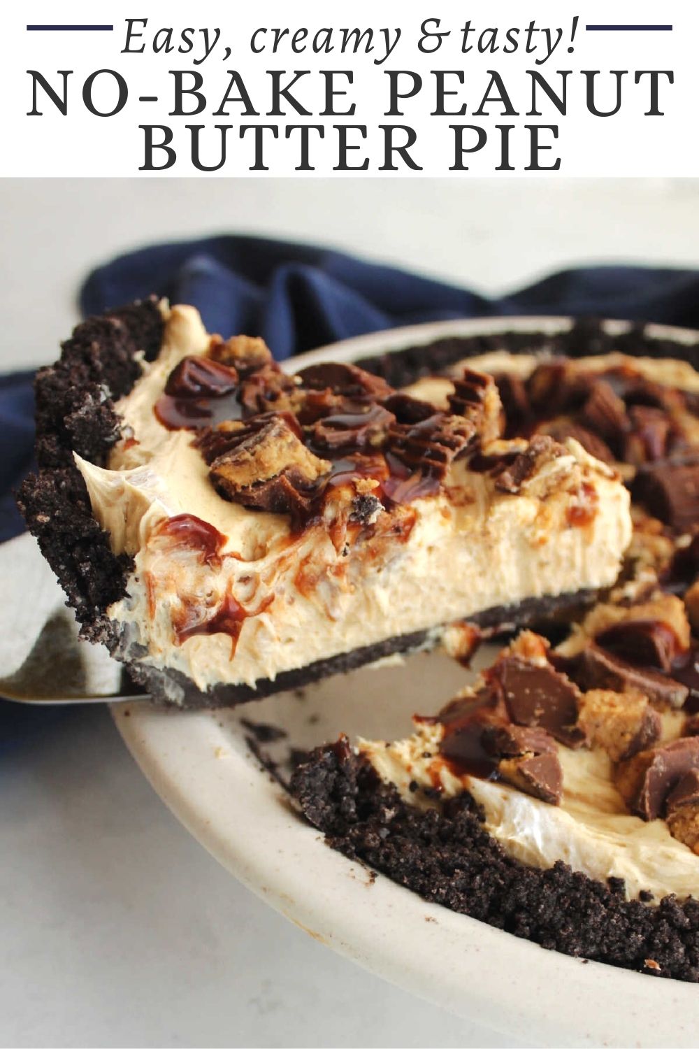 Creamy no-bake peanut butter pie is easy to make and tastes so good. Put it in an Oreo crust and top with with Reese's peanut butter cups for an extra special chocolate and peanut butter treat.