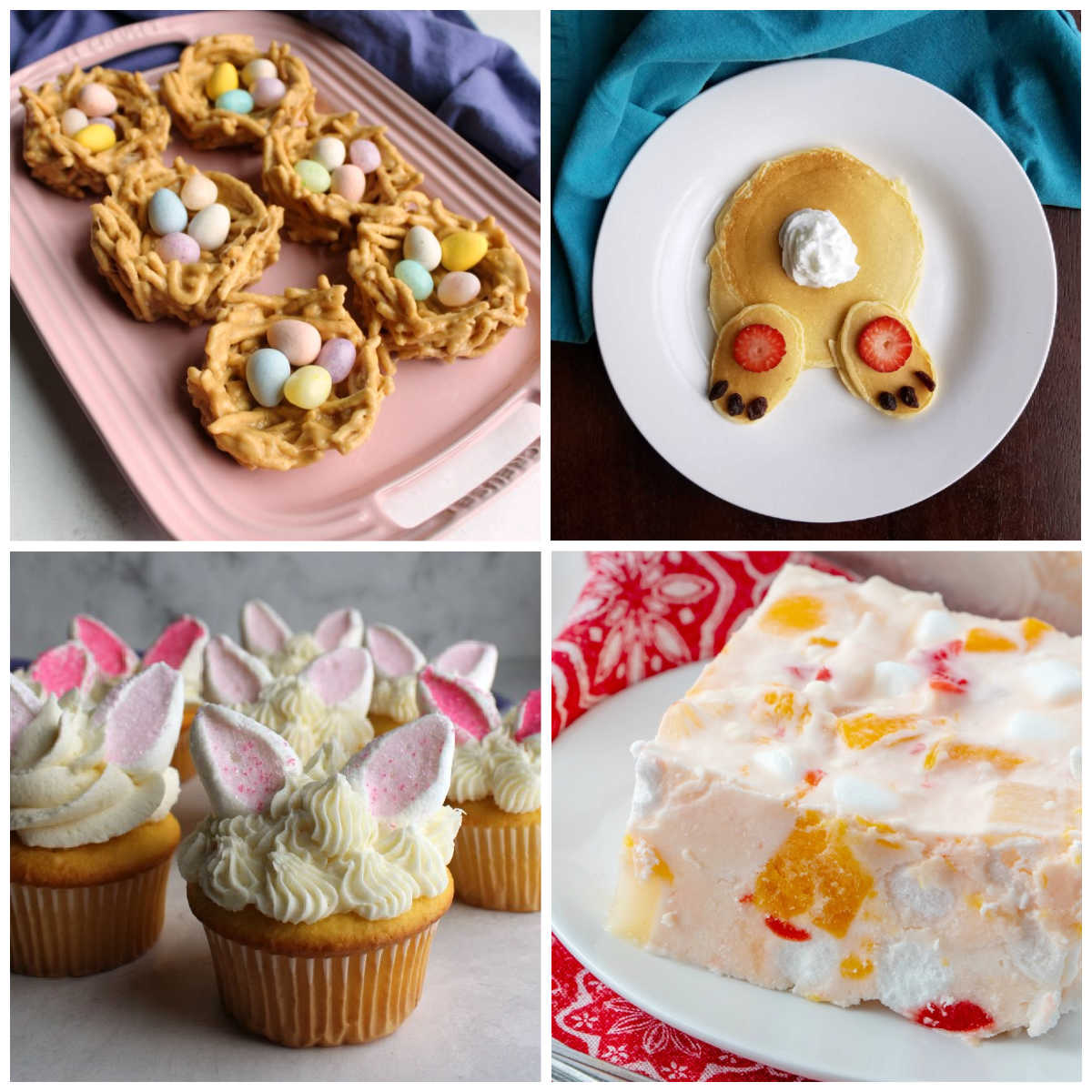 Collage of images showing Easter recipes from bunny butt pancakes to bunny ear cupcakes plus edible nests and frozen fruit salad.