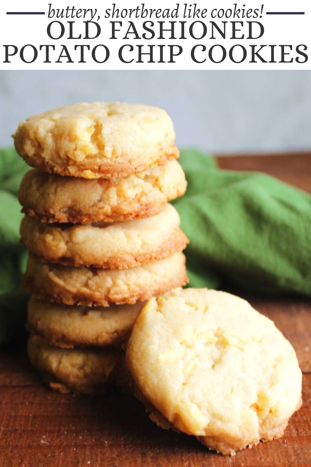Grandma's potato chip cookies only take 5 simple ingredients to make. The buttery shortbread cookies have an extra bit of salt and crunch from the potato chips. They are fabulous on their own or dipped in chocolate and sprinkled with some extra bits of potato chip.