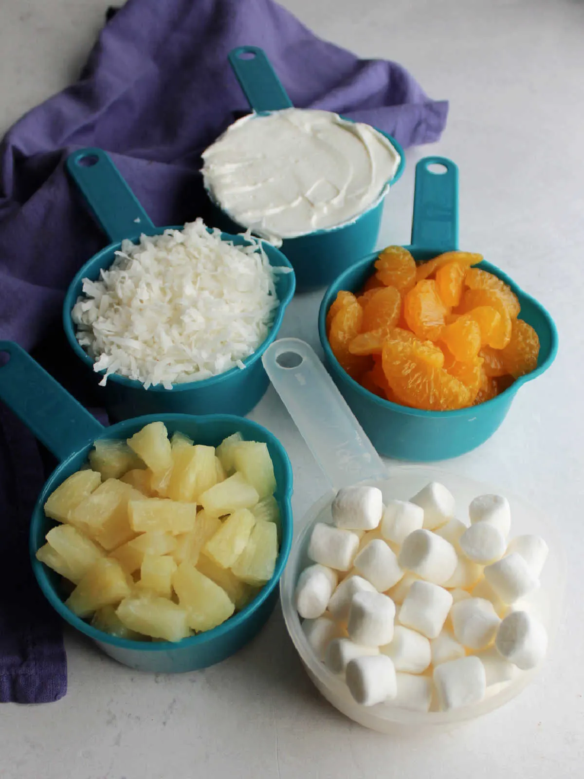 Ingredients including oranges, pineapple, coconut, sour cream and marshmallows ready to be made into 5 cup salad.