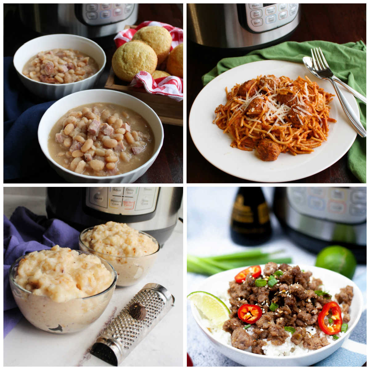 Collage of recipes made in an Instant Pot including ham and beans, spaghetti and meatballs, rice pudding and caramel pork and rice. 