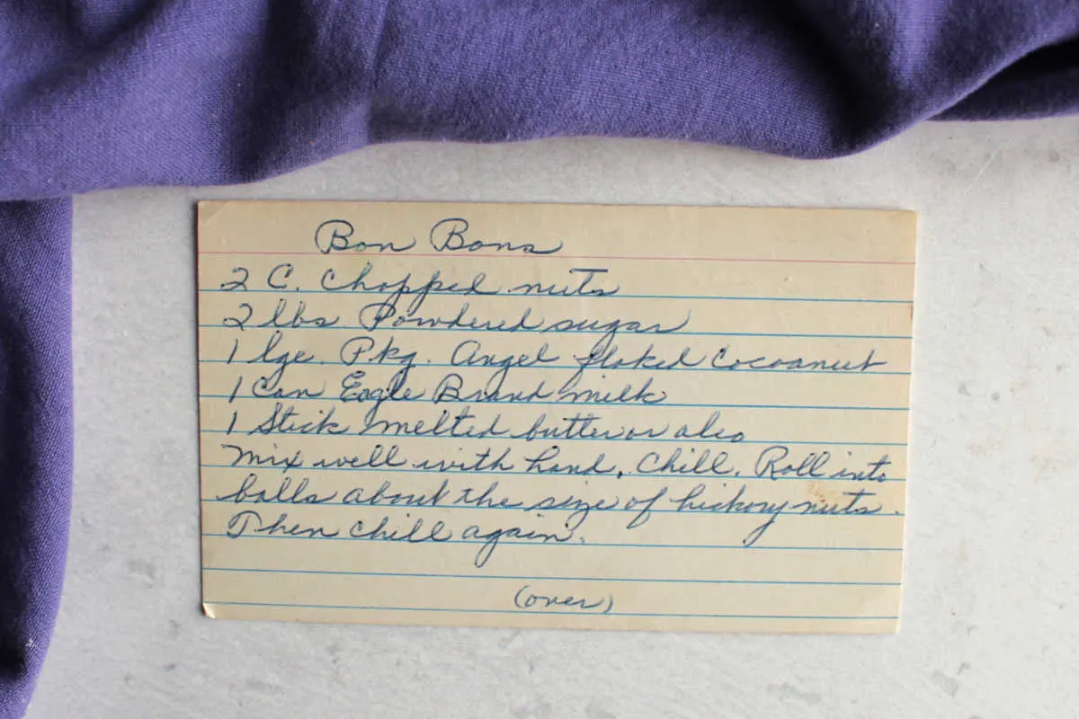 Front of Grandma's handwritten recipe card with recipe for Bon Bons.