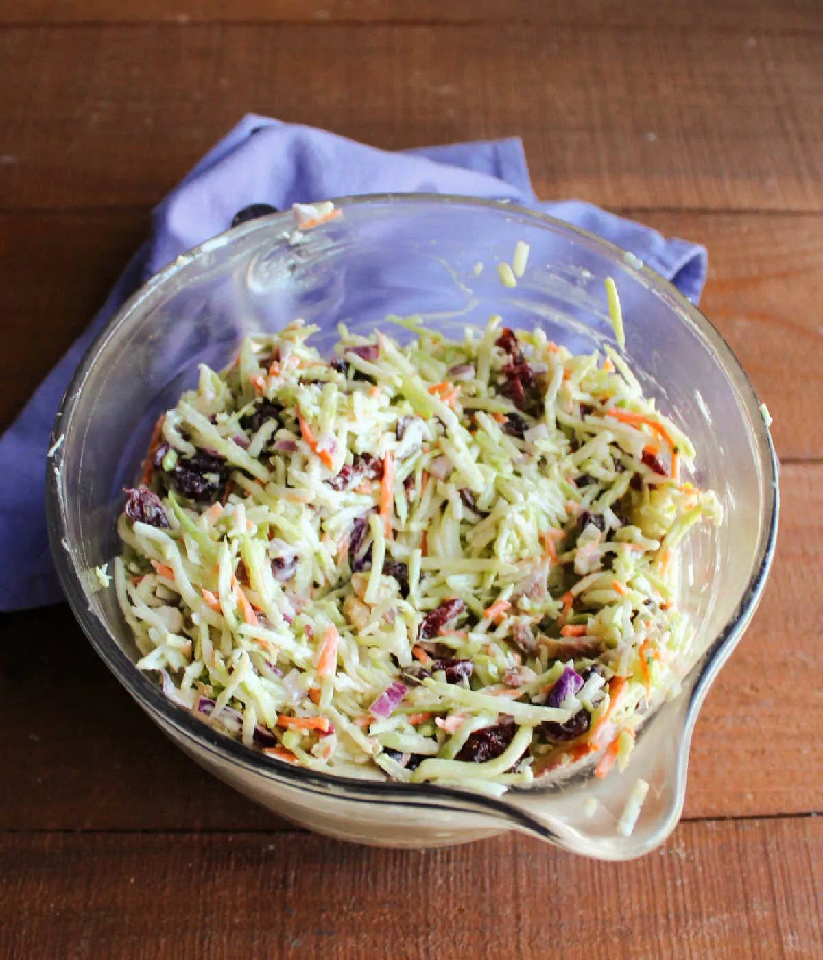 Broccoli slaw after chilling for a couple of hours, looking softer, more dressed, and ready to eat.