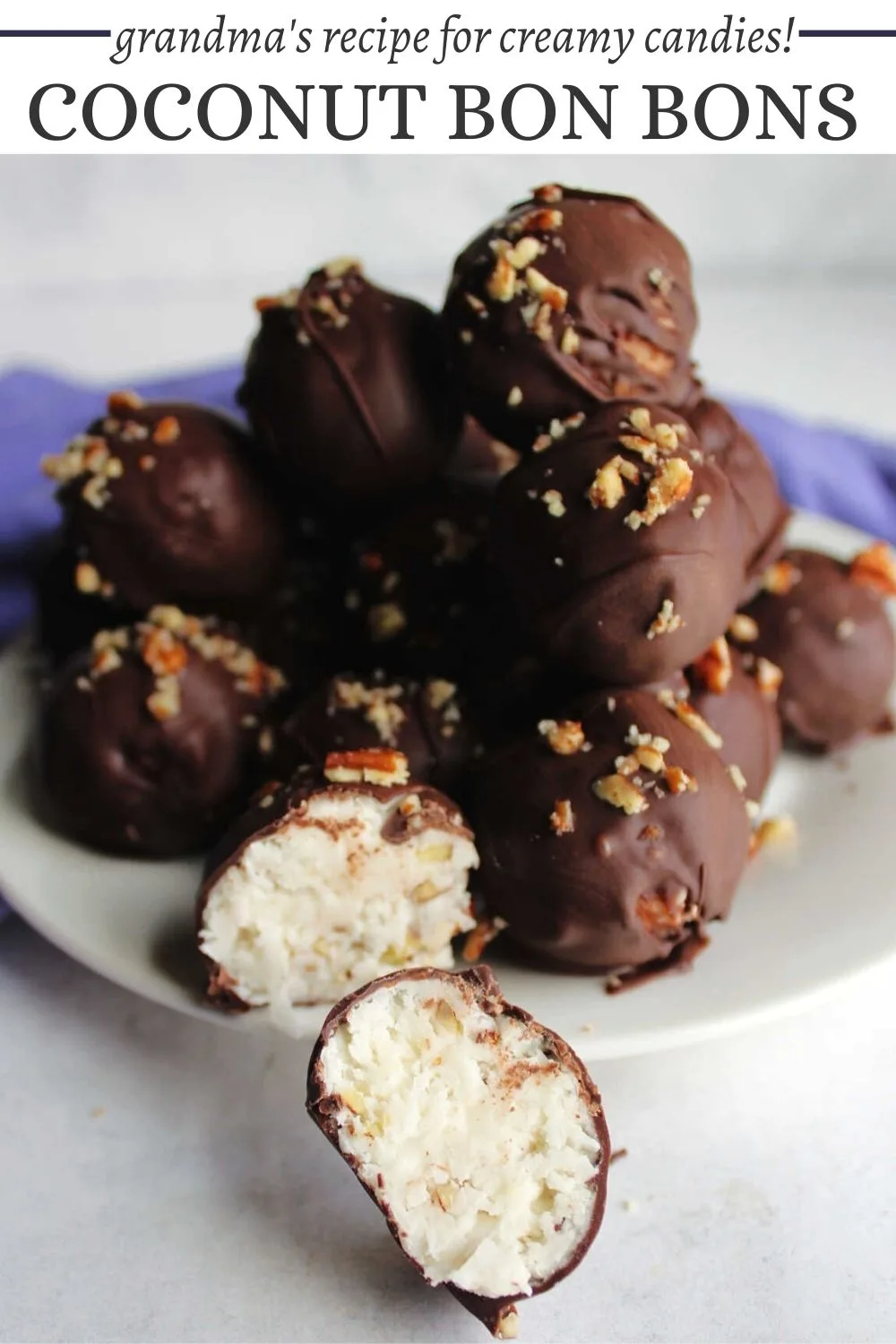Grandma's recipe for coconut bon bons feature a sweet buttery center and chocolate shell. You can make them with or without nuts for an indulgent and delicious treat. 