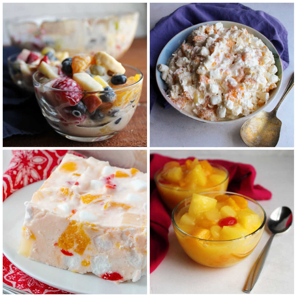 collage of fruit salad pictures including frozen fruit salad, fruit cocktail with pudding, 5 cup salad and fruit salad with condensed milk. 