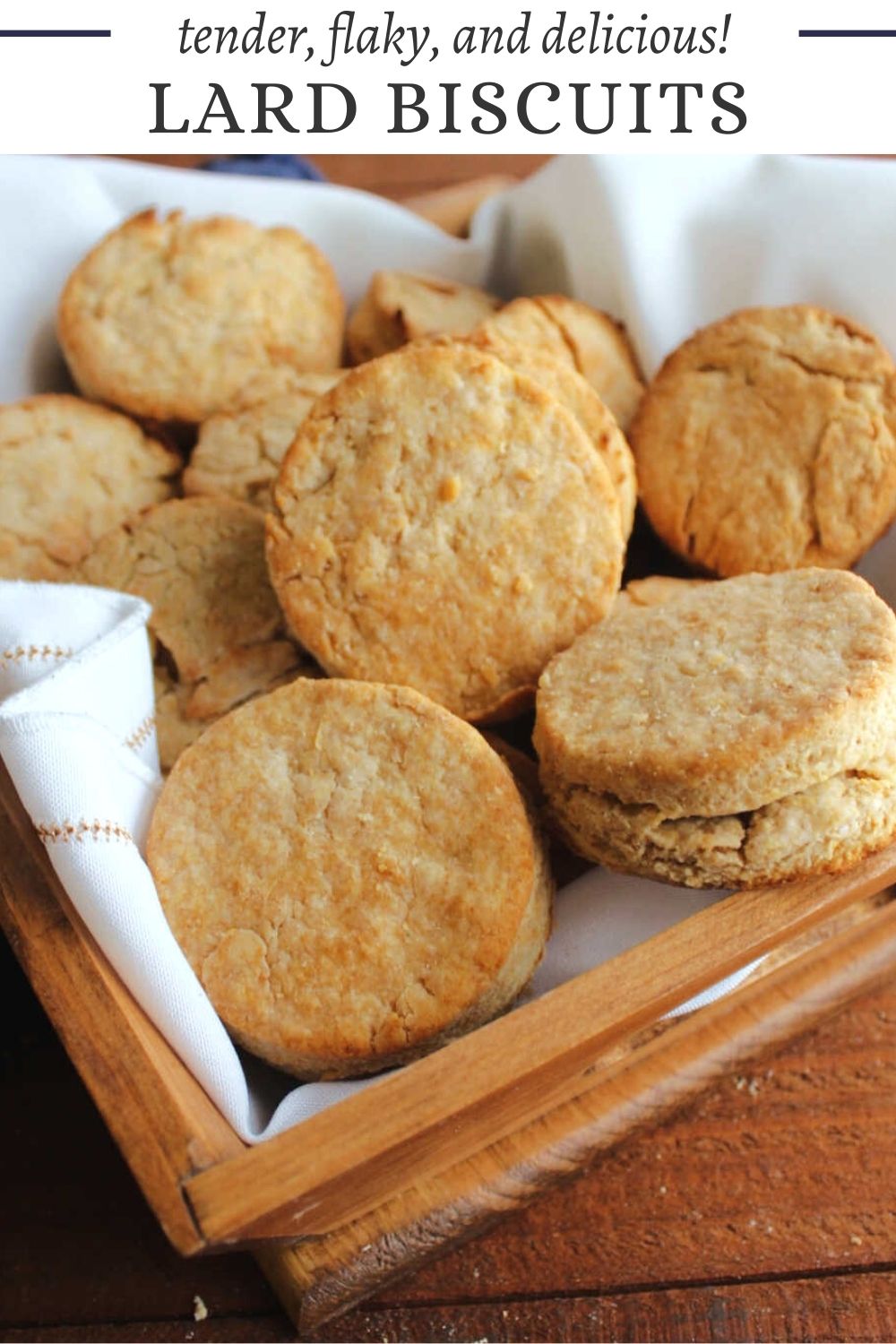 Old fashioned lard biscuits are tender and delicious. Use them to make a breakfast sandwich or top them with butter, jam, or honey for an extra special treat
