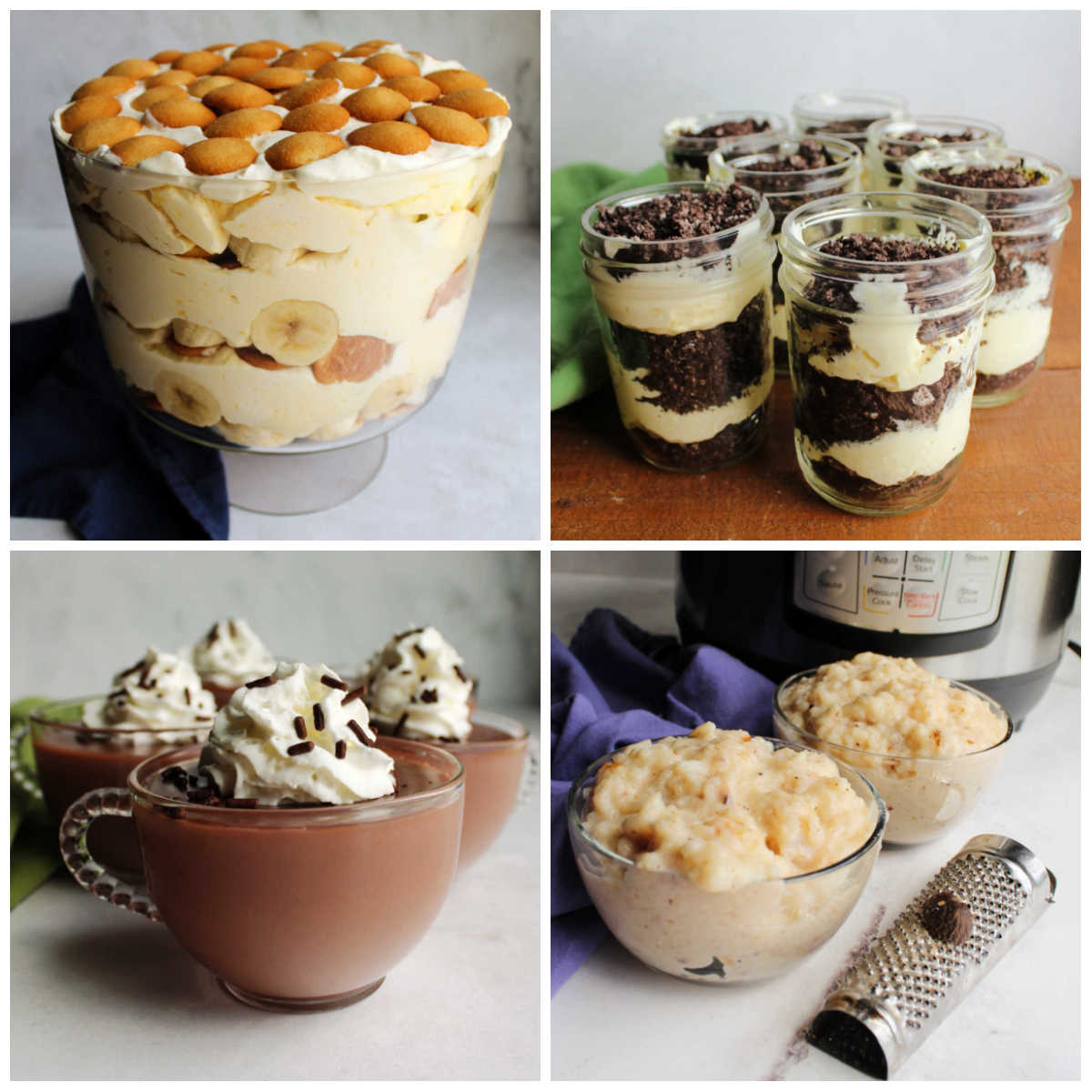 Collage of images of different pudding recipes including banana pudding, hot chocolate pudding, rice pudding, and dirt pudding.