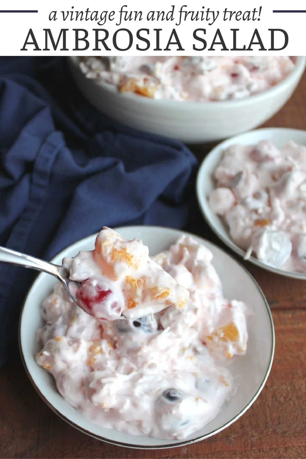 Ambrosia fruit salad is the perfect mix of pineapple, mandarin oranges, coconut, cherries, grapes, and marshmallows in a creamy dressing. It is a vintage classic for good reason. It's fruity, fun, and delicious! 