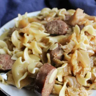 Plate of egg noodles, cabbage and sausage, ready to eat.
