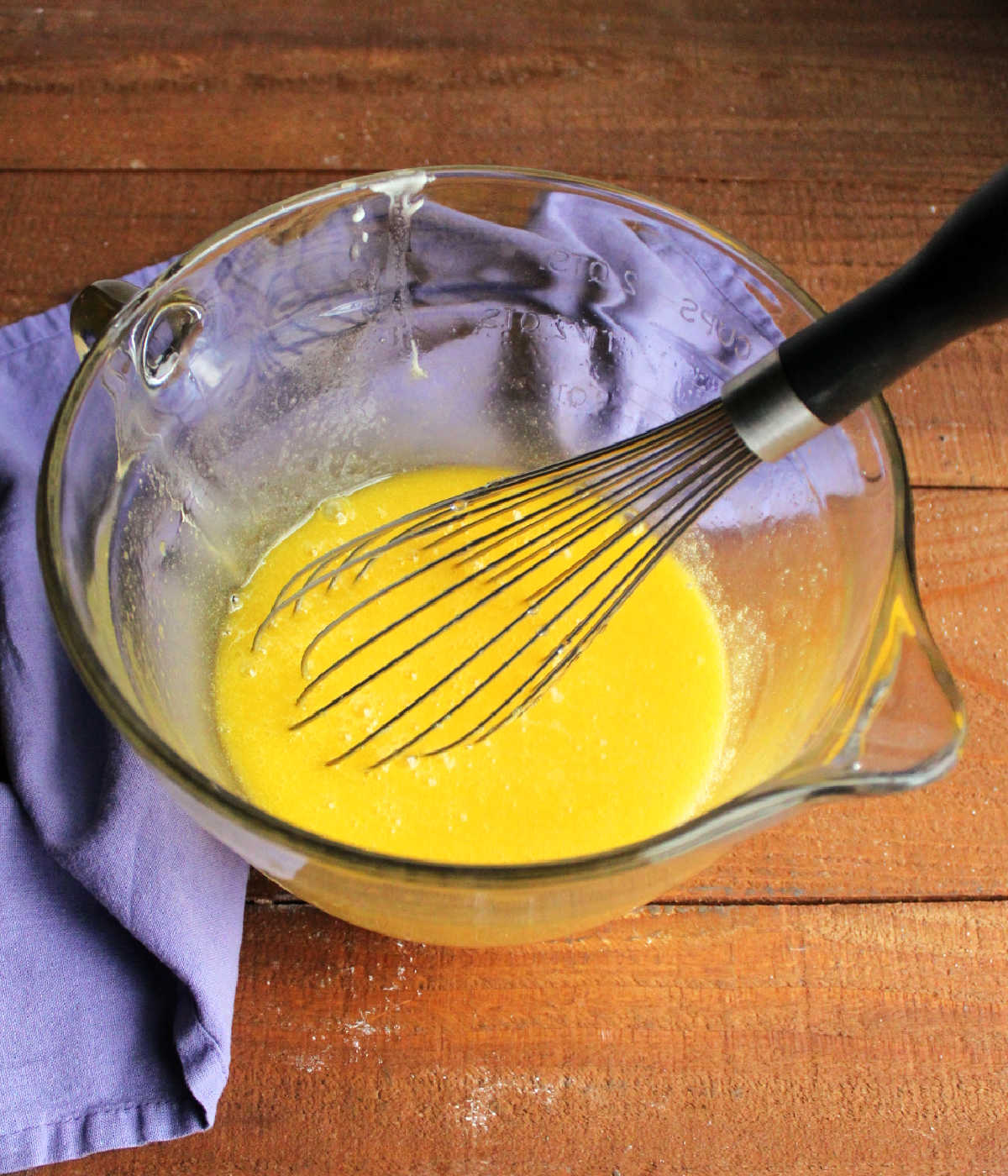 Beaten eggs with sugar, corn syrup and vanilla.