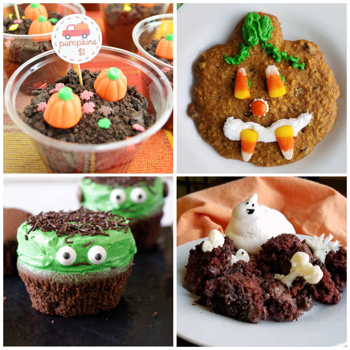 Collage of images of Halloween recipes including Frankenstein cupcakes, jack-o-lantern cookies, ghost chocolate trifle, and pumpkin patch dirt pudding cups.