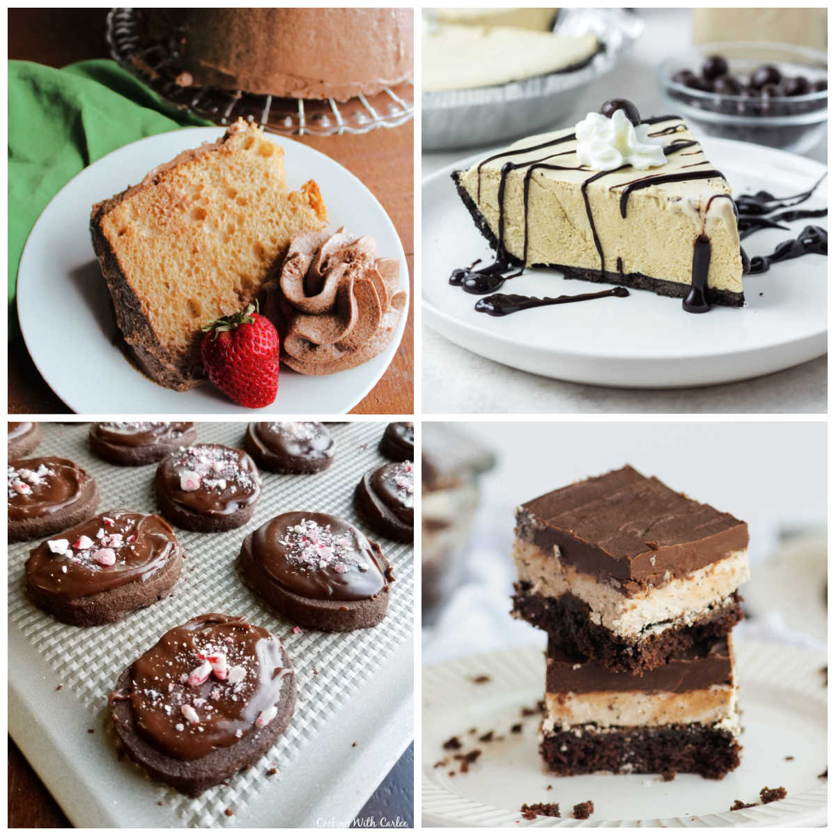 Collage of coffee flavored desserts including coffee angel food cake with mocha ermine frosting, frozen coffee pie, peppermint mocha cookies, and coffee and cream brownies.