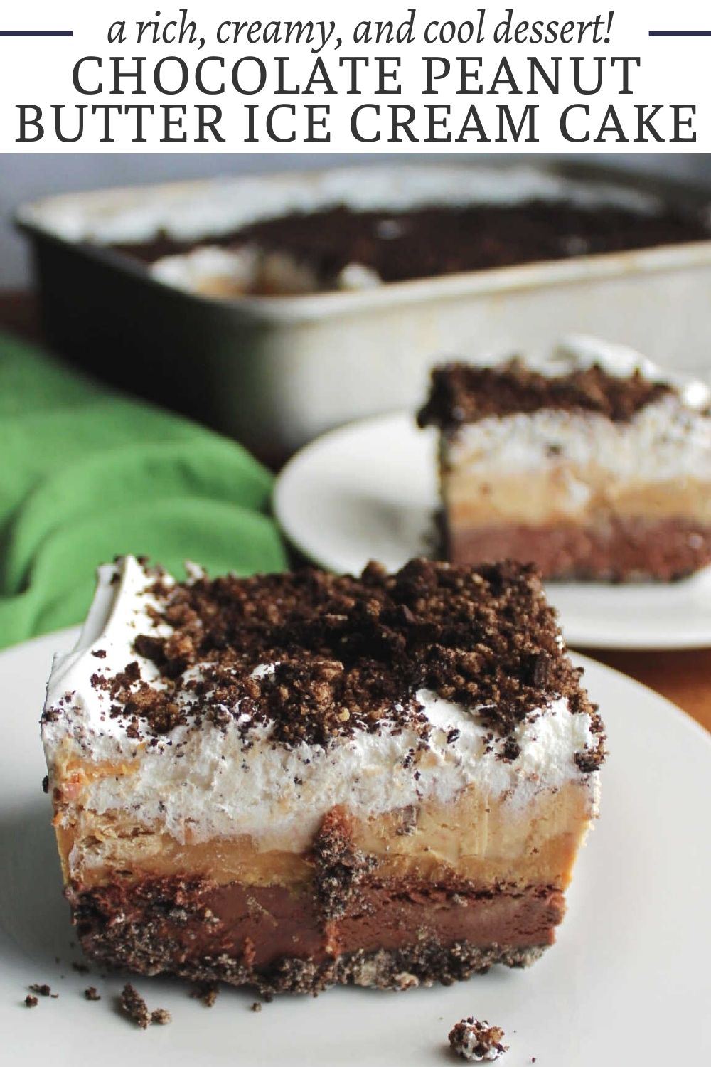If you are in the mood for a decadent, creamy, and cold treat, this peanut butter chocolate ice cream cake is just the thing for you. It is layers of ice cream and peanut butter on top of a cookie crumb crust. It is perfect for special occasions that call for a fabulous ice cream treat.