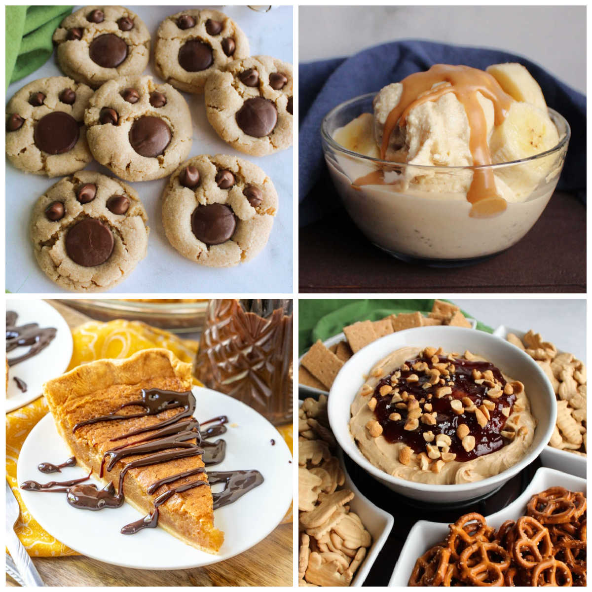 collage of peanut butter foods including peanut butter paw print cookies, peanut butter banana ice cream with peanut butter magic shell, peanut butter and jelly dip, and baked peanut butter pie.