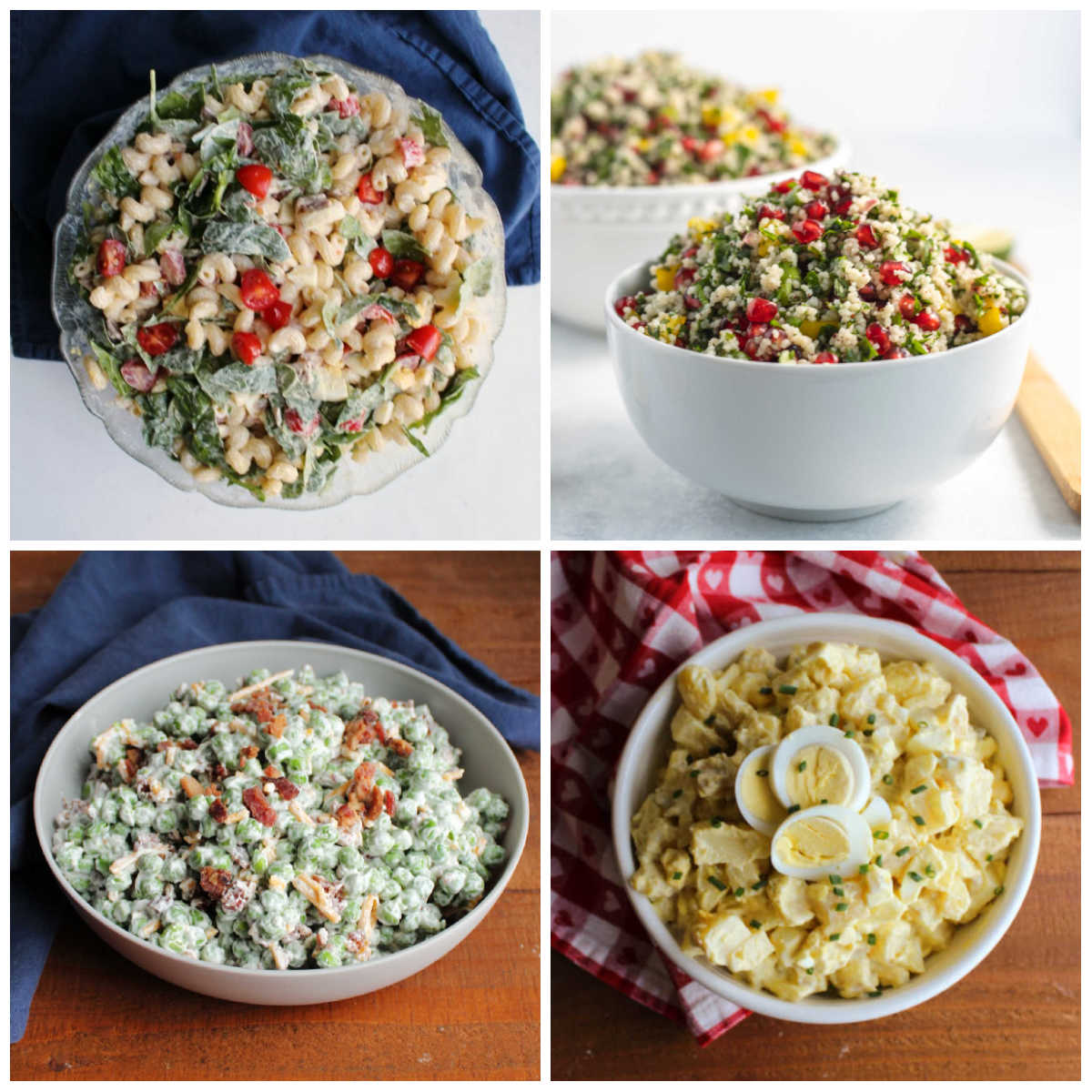 Collage of picnic salad images including a blt pasta salad, couscous salad, pea salad, and potato salad.