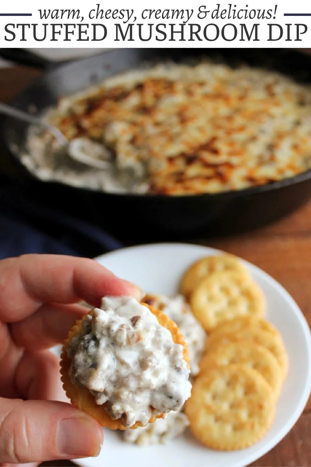 This warm and cheesy stuffed mushroom dip is loaded with sausage, mushrooms, and creamy goodness. It is perfect for people who love stuffed mushrooms, but don't want to go through the effort of making them. Serve the dip with crackers or sliced baguettes for a perfect appetizer.