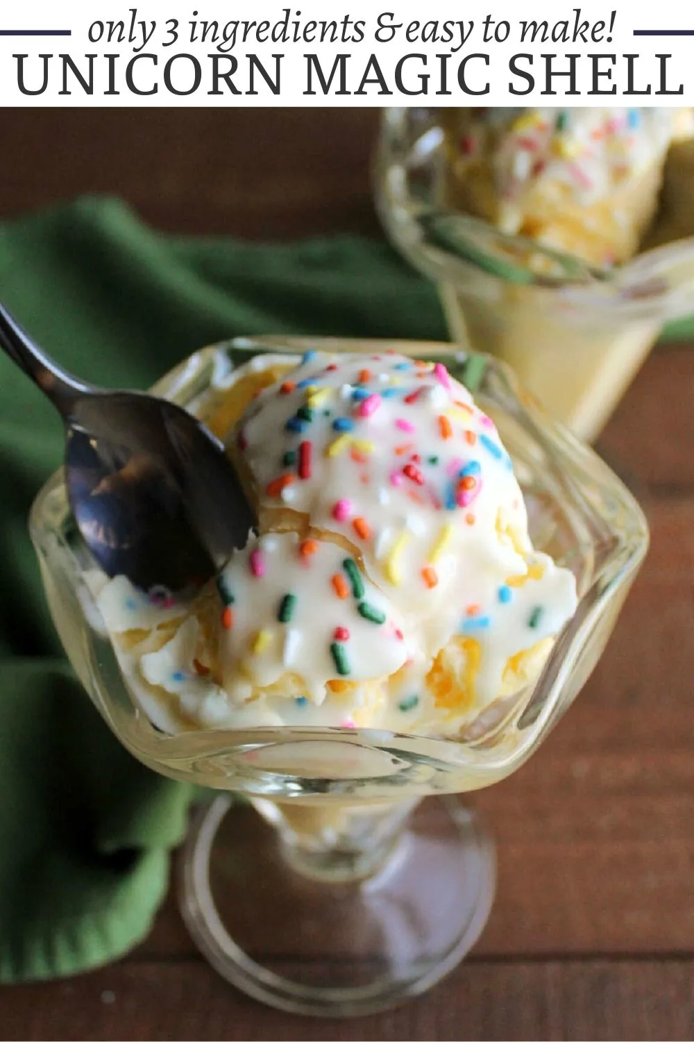 Make your ice cream even more fun with a drizzle of this 3 ingredient unicorn magic shell. It adds a pop of color and nice crunch to your sundae. The best part is, it is super simple to make. 