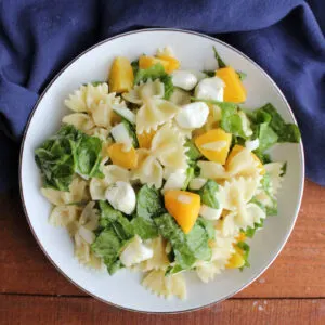 Large helping of peach pasta salad with bowtie pasta, peaches, spinach and mozzarella pearls in a homemade dressing.