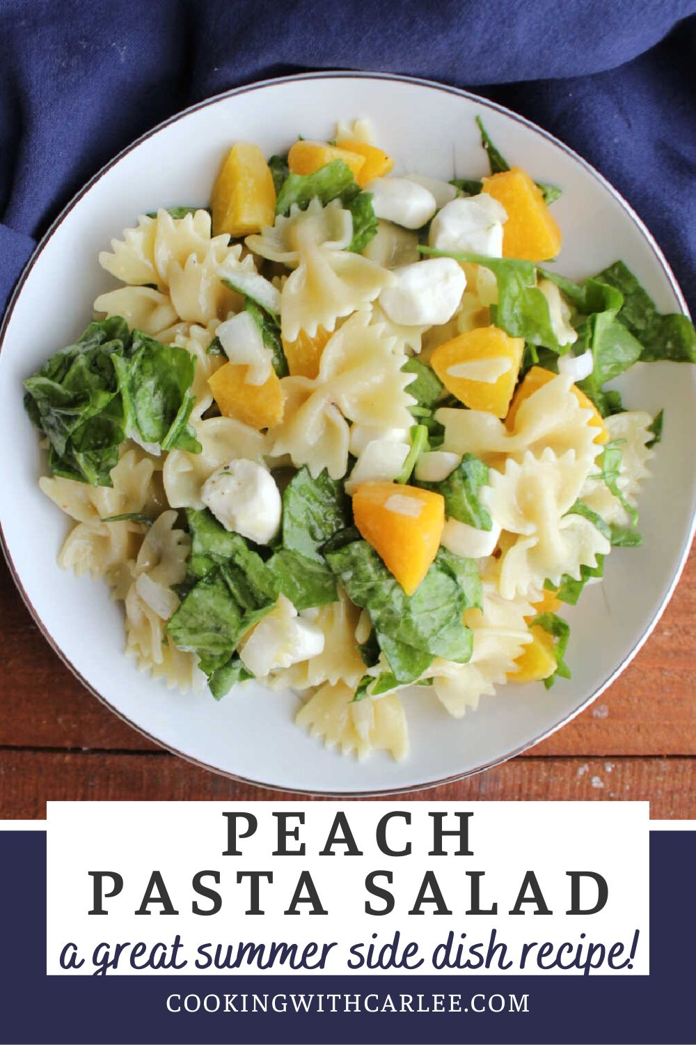 Peach pasta salad is a perfect summer side dish or a great light lunch. The homemade peach vinaigrette is yummy too. Make an extra batch to use on green salads as well.