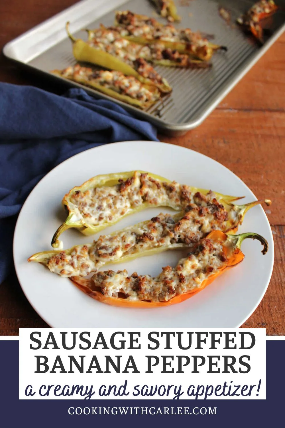 These sausage stuffed banana peppers are the perfect appetizer. They only take 4 simple ingredients to make and they are a great way to get the idea of a jalapeno popper without the heat.