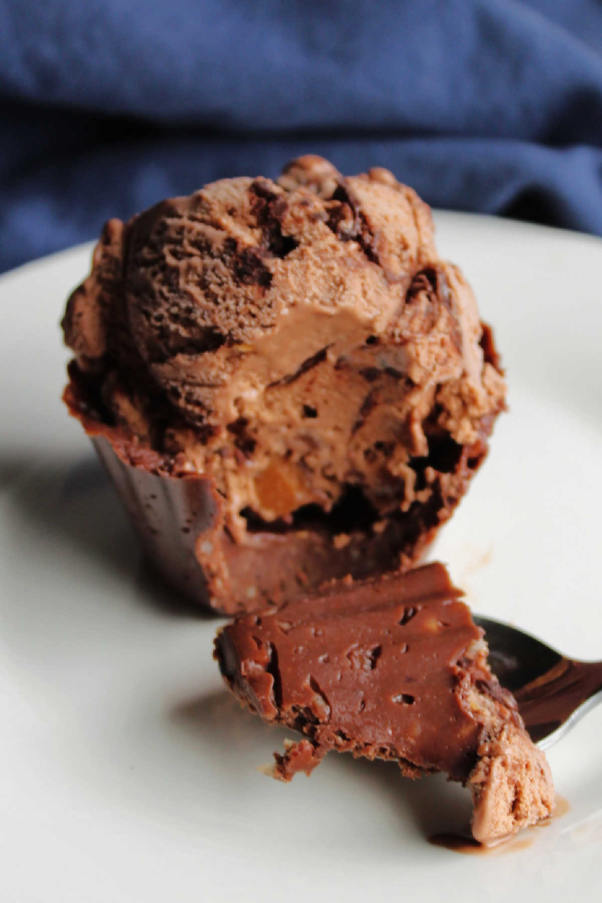 Bite of fudge ice cream cup and chocolate peanut butter ice cream on spoon.