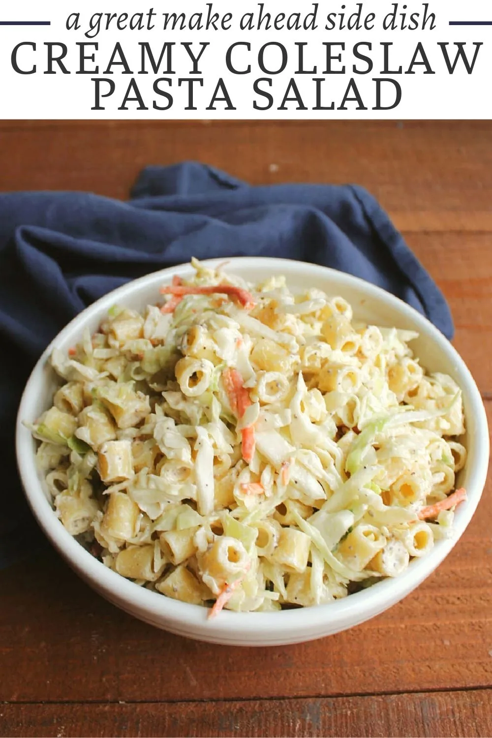 Creamy coleslaw pasta salad is full of amazing texture, and flavor! It's the perfect mix of two of our favorite salads at BBQs and family gatherings.