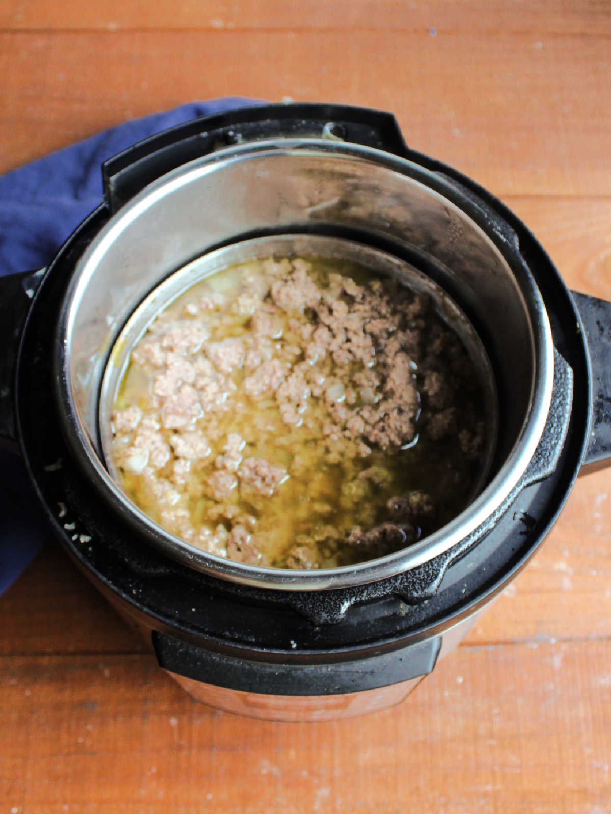 Cooked maid rite mixture inside instant pot.