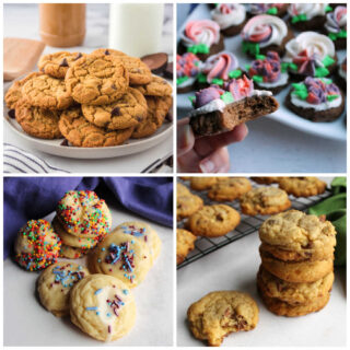 Collage of images of nice thick cookies that didn't spread while baking including chocolate sour cream cookies, chocolate chip cookies, condensed milk cookies, and peanut butter chocolate chip cookies.