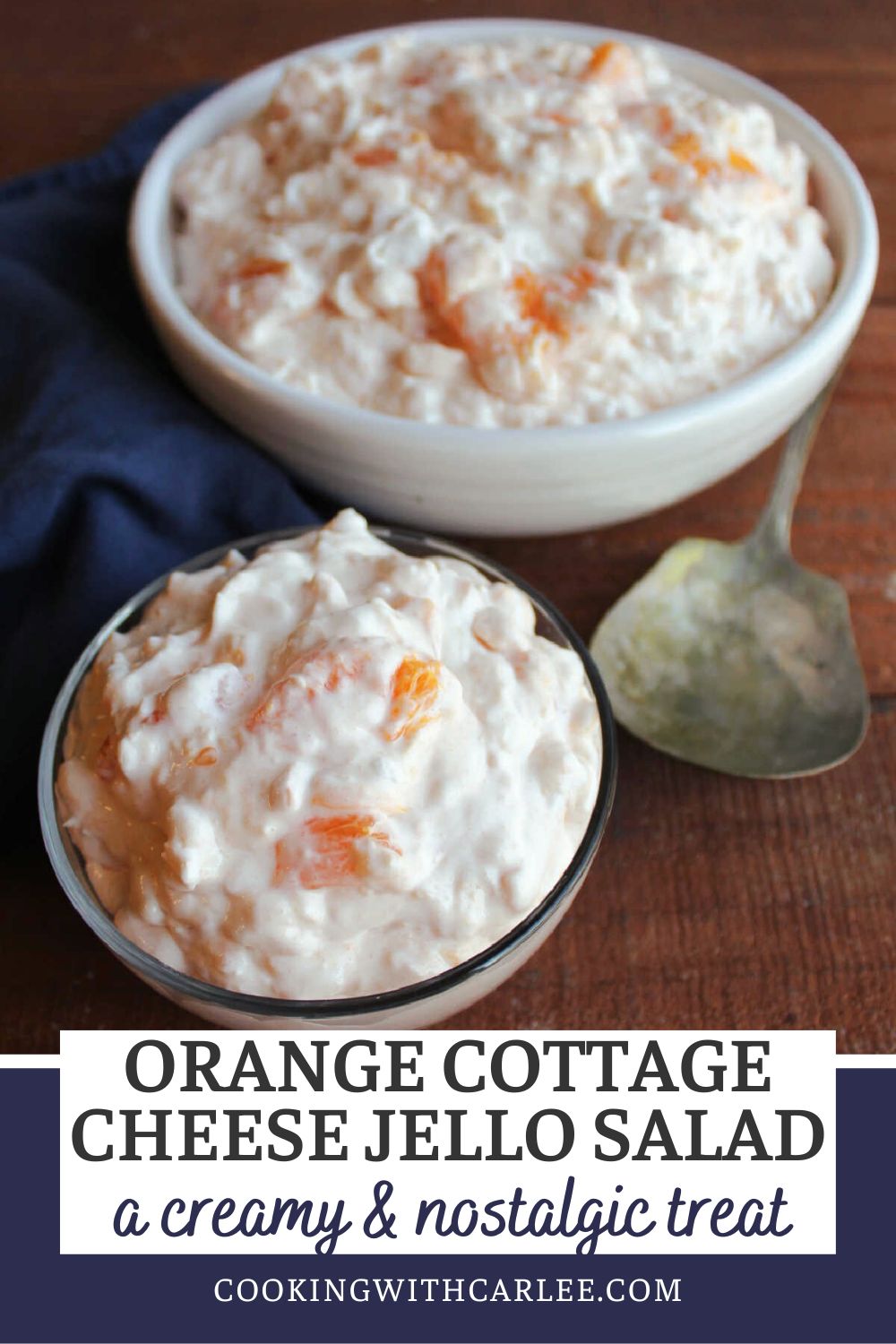 Orange cottage cheese Jello salad is full of mandarin oranges and pineapple. It is creamy, nostalgic, and delicious. The final texture is more like a fluff salad than a wiggly jiggly Jello salad and it is a perfect refreshing treat.