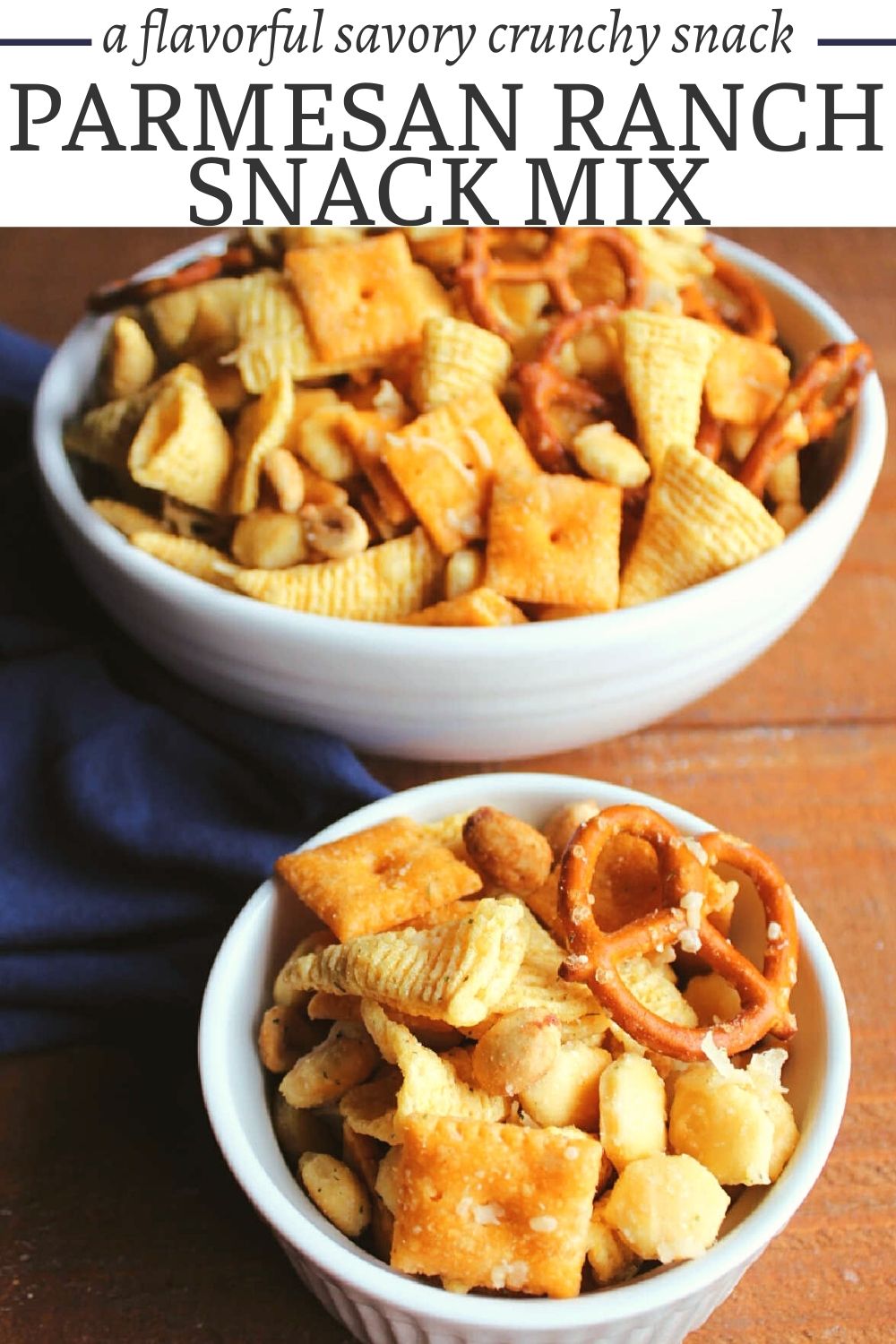 Parmesan ranch snack mix may just become your new favorite munchy. Loaded with crackers, pretzels, peanuts, bugles and more it is a salty snack lover's dream come true. Of course the Parmesan cheese and herby ranch really give it a flavor pop.
