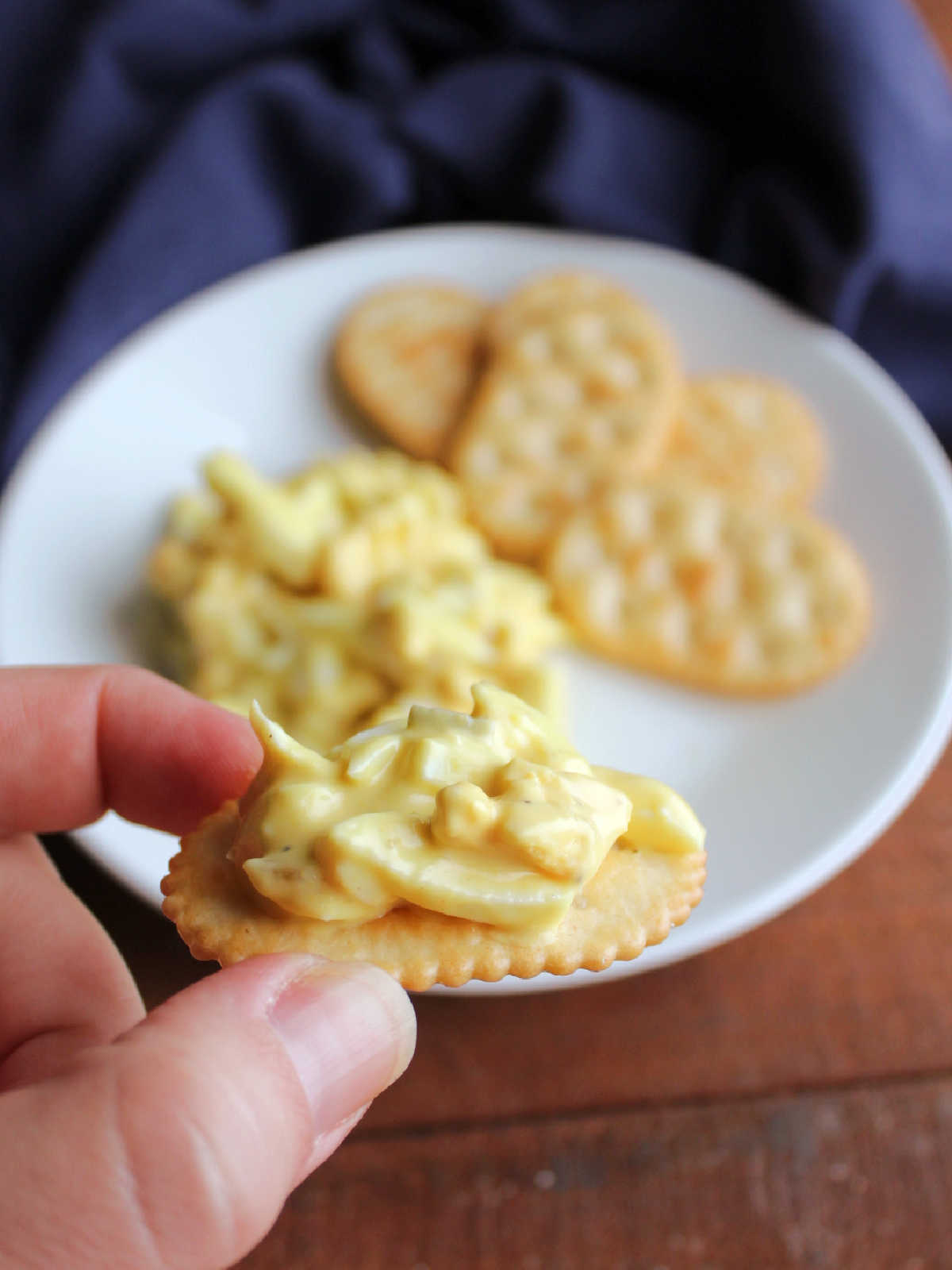 Hand holding a cracker topped with homemade egg salad.