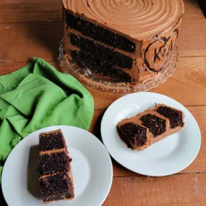 Two pieces of rich chocolate cake with three layers of cake, chocolate frosting, and raspberry filling with remaining cake in background.