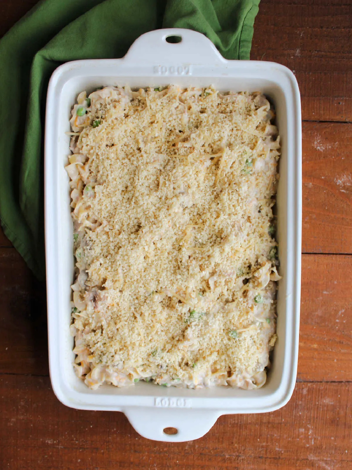 Bread crumb topped casserole ready to go in the oven.