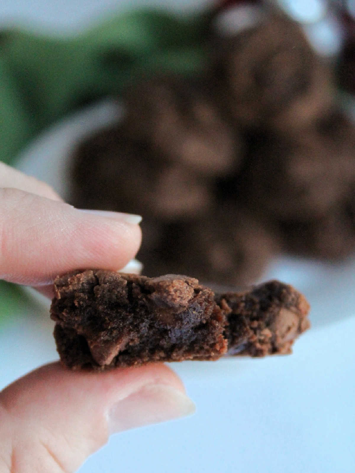 Hand holding half of a brownie mix cookie showing the rich fudgy interior and melted chocolate chips.