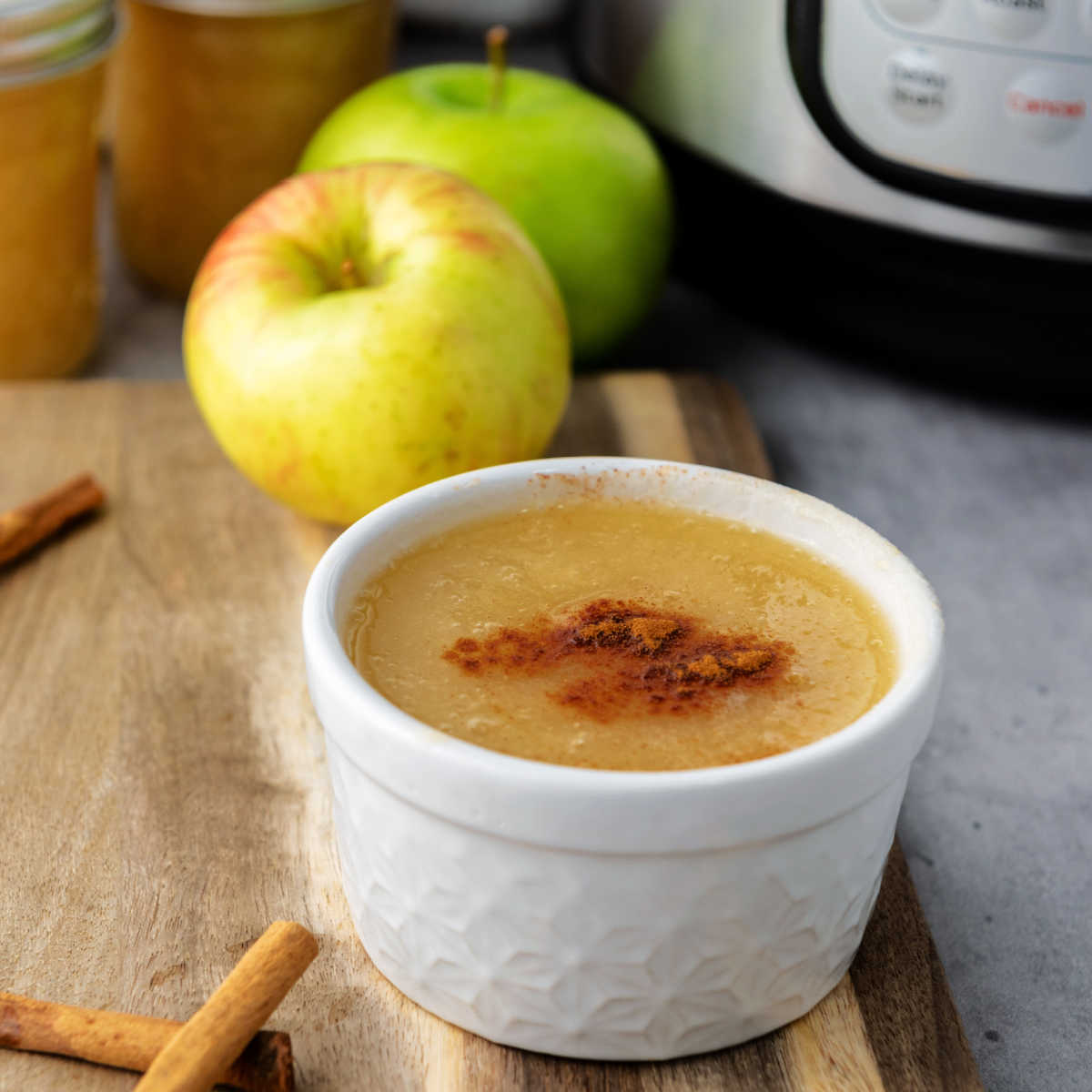 Bowl of homemade applesauce topped with cinnamon in front of fresh apples and an instant pot.