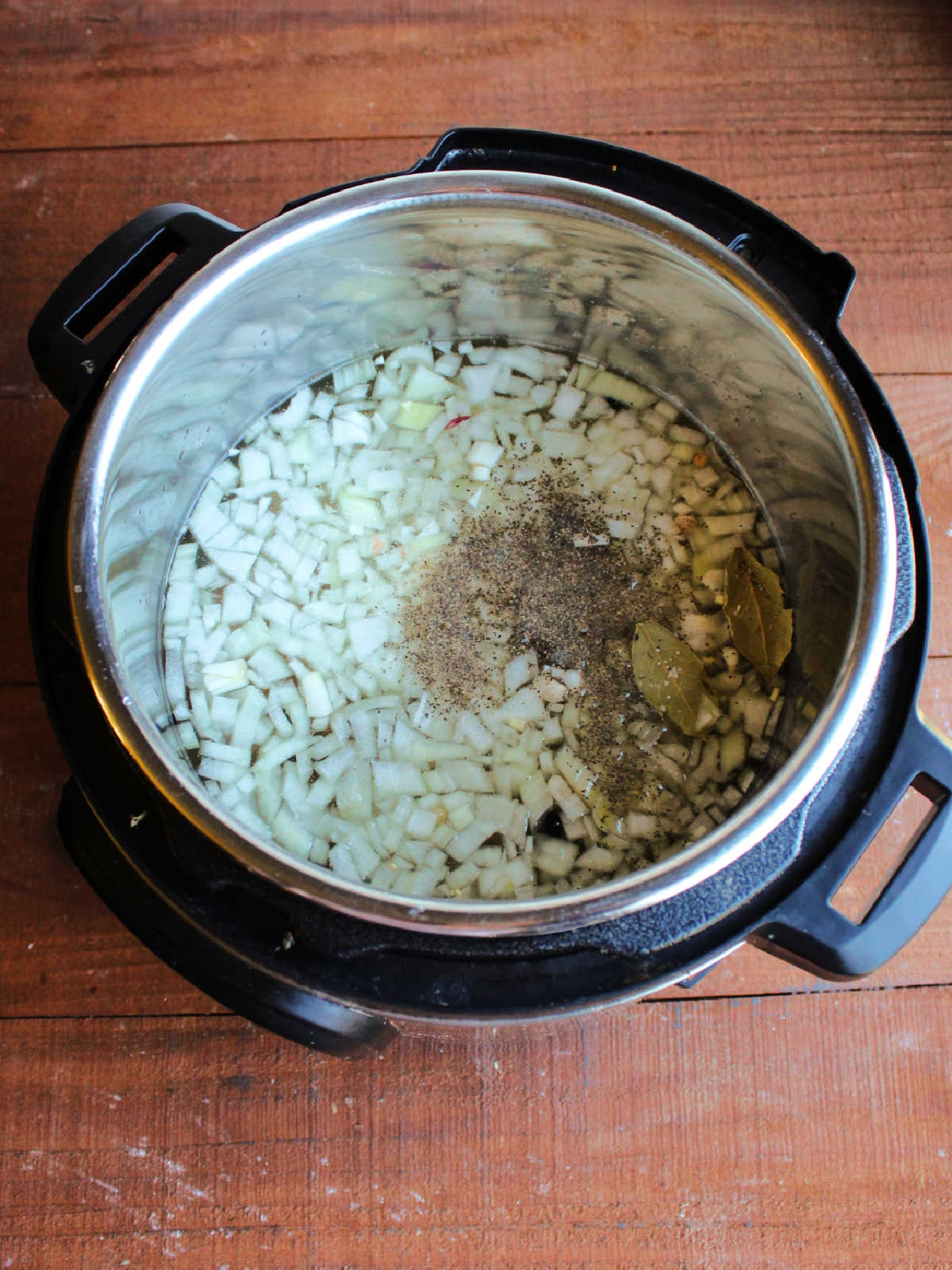 Beans, onion, water, and seasonings in Instant Pot, ready to cook.