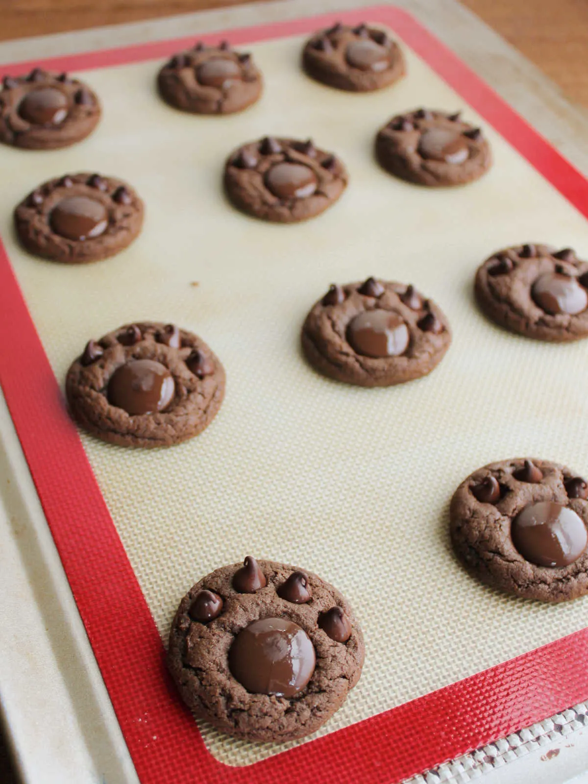 Cookies with four chocolate chips pressed in to make the toes for the paw prints.