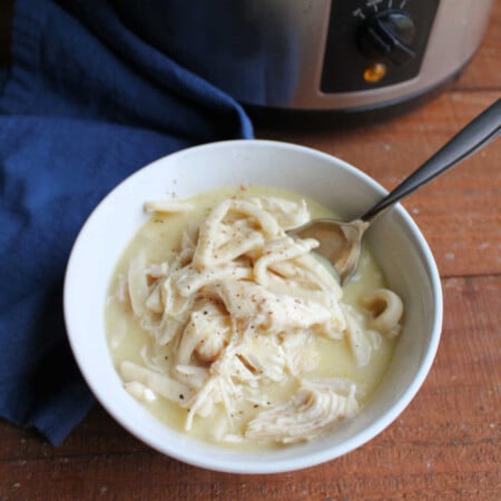 Bowl of creamy chicken and noodles in front of the crockpot it was cooked in.