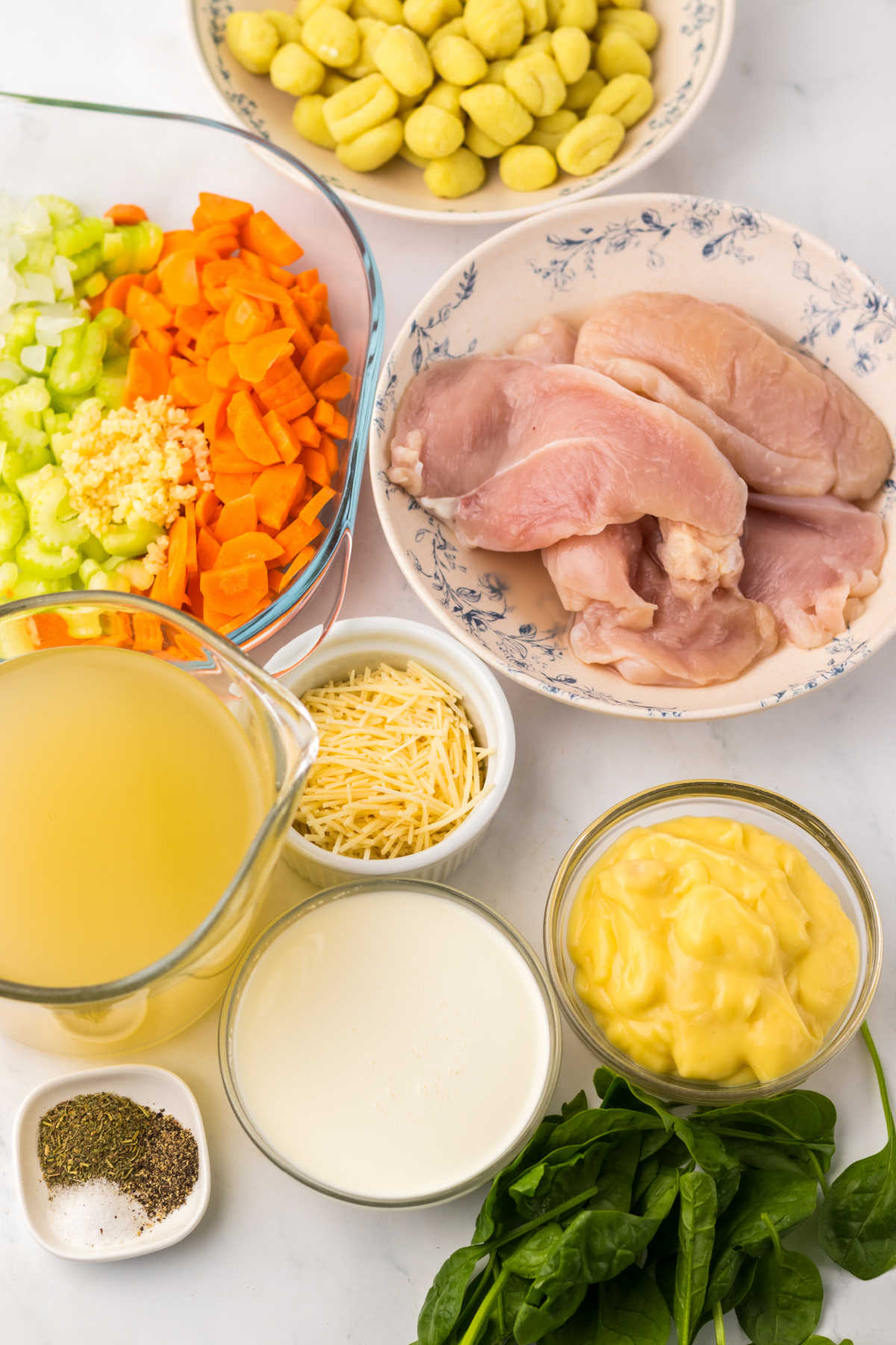 Ingredients including gnocchi, chicken, cream of chicken soup, cream, chicken broth, celery, carrots, garlic, spinach, salt and pepper, ready to be made into slow cooker chicken gnocchi soup. 