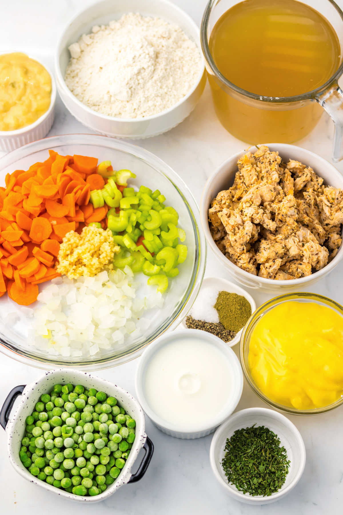 Crockpot Chicken and Dumplings 6 Ingredients including carrots, celery, onions, garlic, peas, chicken, broth, cream of chicken soup, bisquick, and milk ready to be made into crockpot chicken and dumplings.
