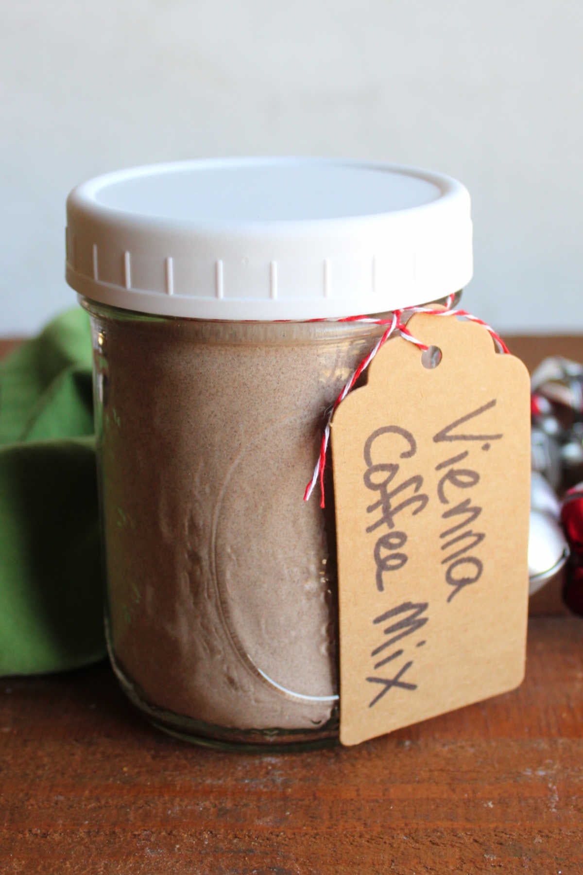 Jar of homemade viennese coffee mix with a gift tag, ready to be given away. 