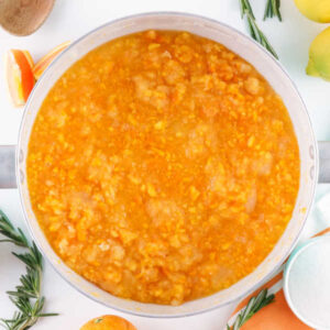 Little bits of orange mixed with sugar, water, and lemon in a pot to be made into marmalade.