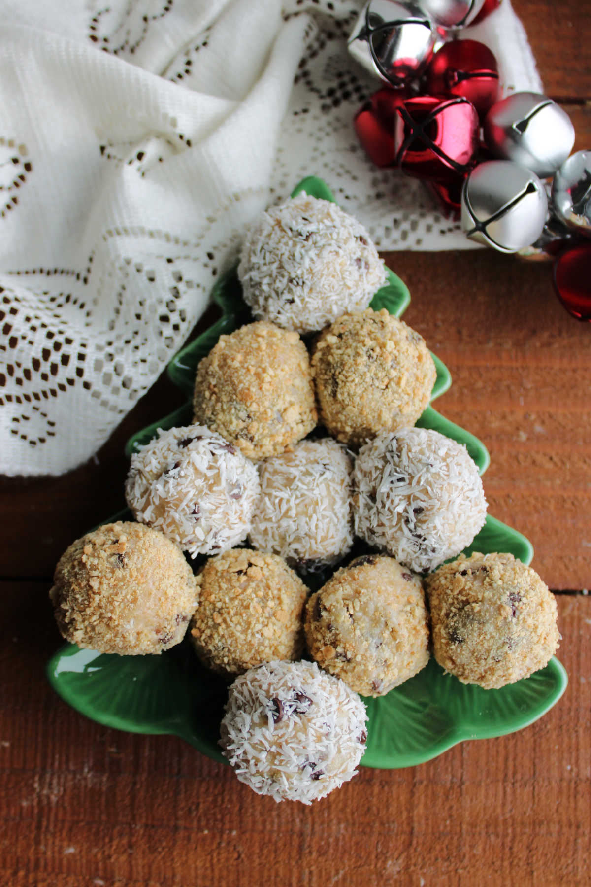 Christmas tree shaped plate filled with moose fart balls, ready to eat. 