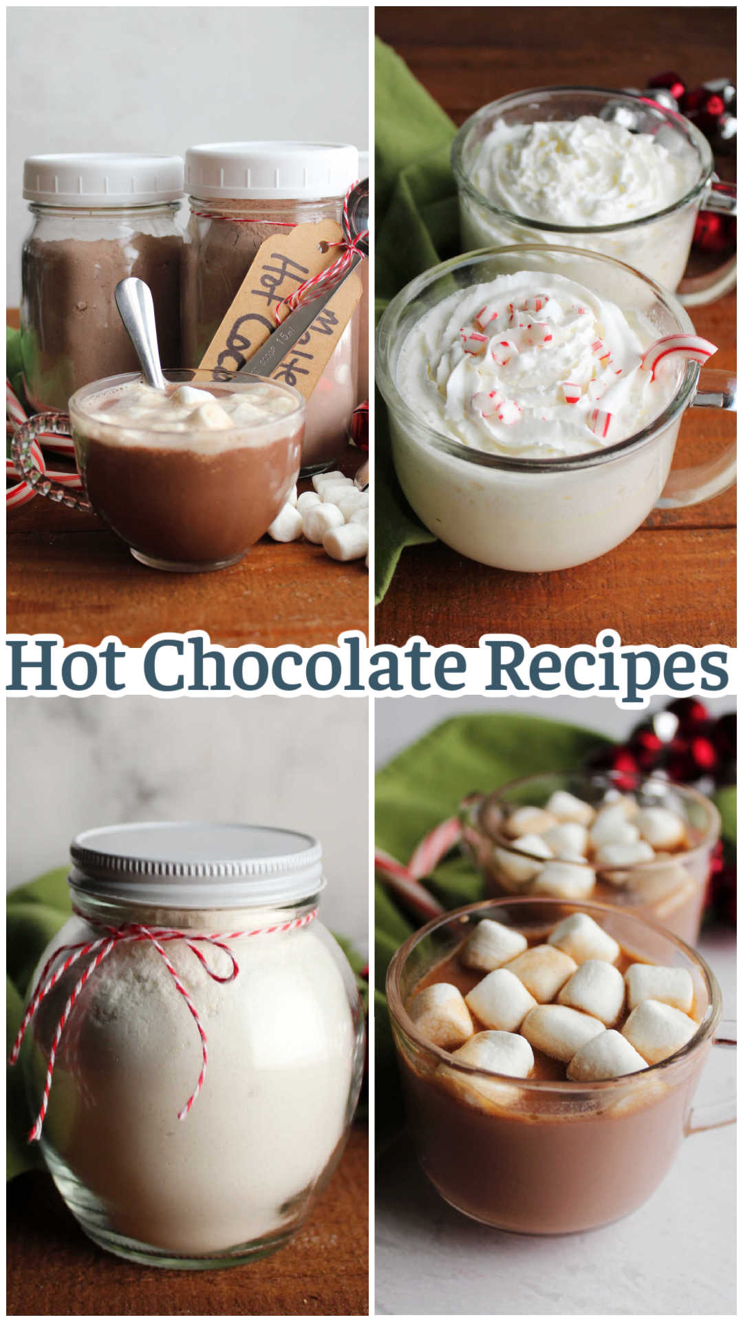 Collage of images including homemade malted hot cocoa mix, mugs of peppermint white hot chocolate, mugs of hot chocolate made from homemade mix, and a jar of homemade white hot chocolate mix. 