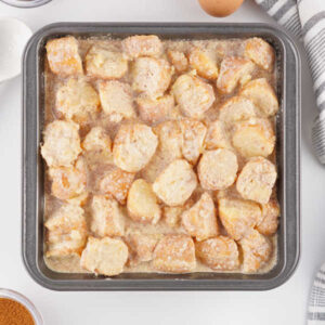 Donut Bread Pudding 13 pan of donut bread pudding ready to go in the oven to bake.