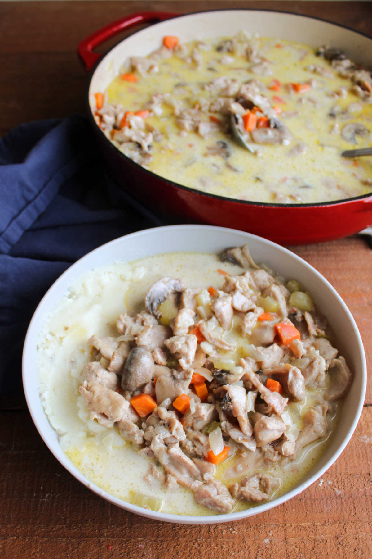 Bowl of creamy rabbit stew served over mashed potatoes with an enameled cast iron braiser with more stew in the background. 