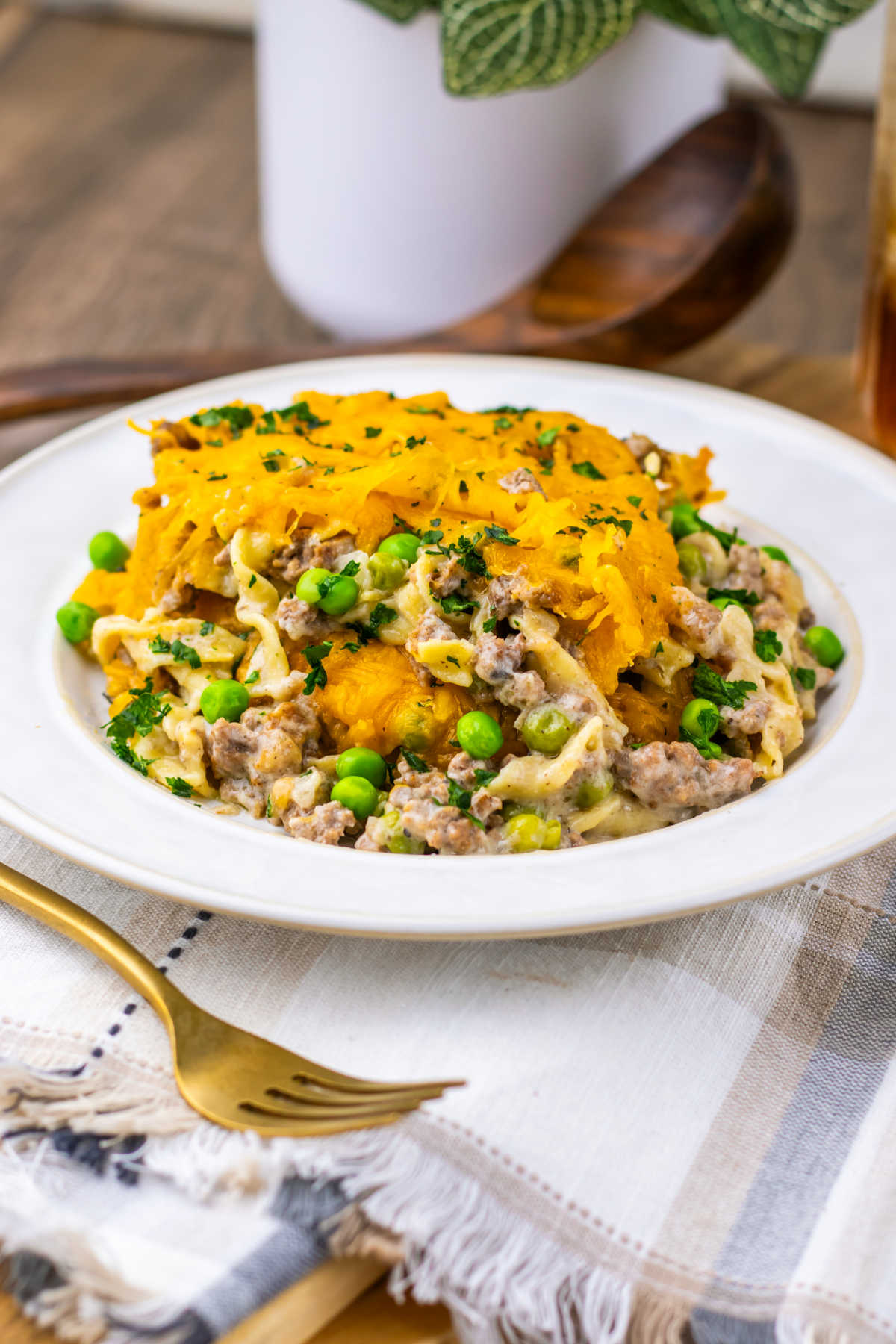 Amish Country Casserole 9 Plate of Amish casserole with egg noodles, ground beef, and peas with melty cheese, ready to eat.