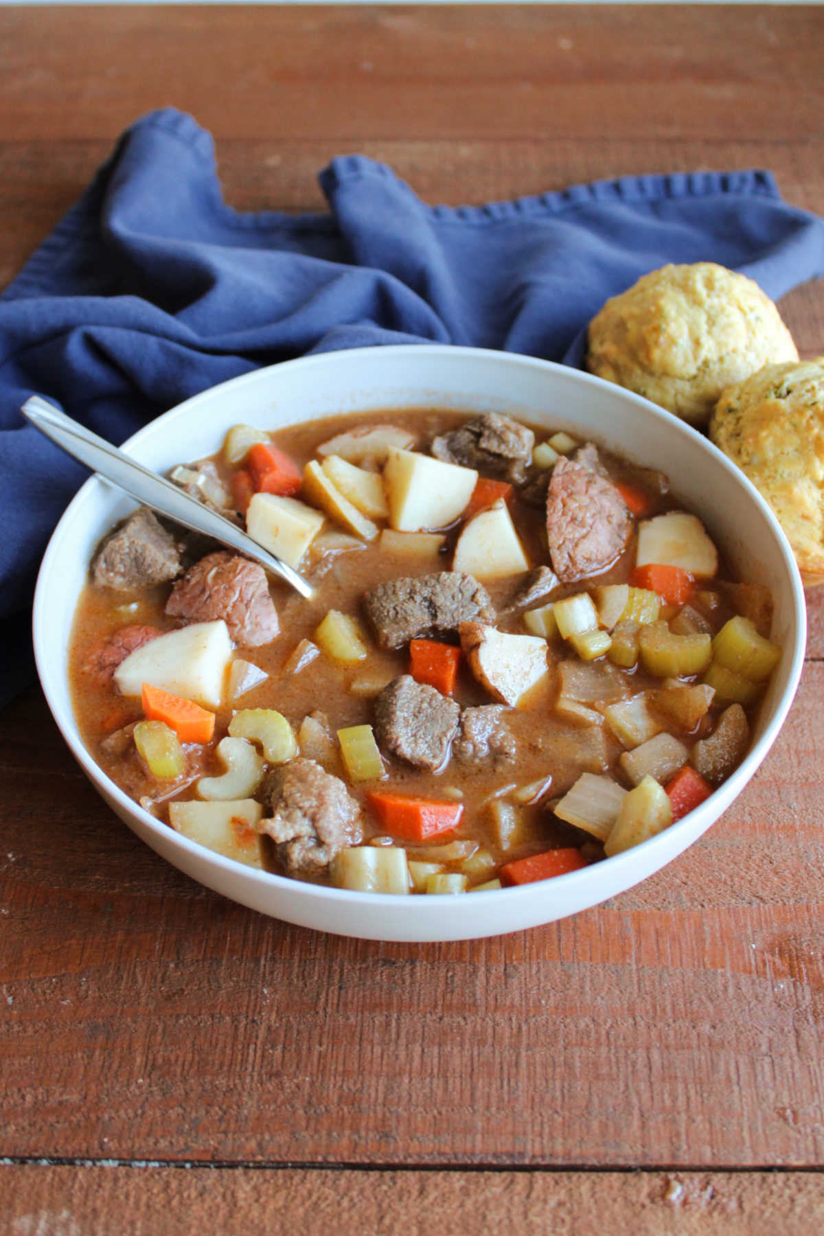 Bowl of deer meat stew with chunks of veggies and rich broth with spoon, ready to eat. 