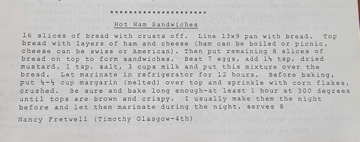 Hot Ham Sandwich Breakfast Bake 6 Hot ham sandwich casserole recipe from old community cookbook.